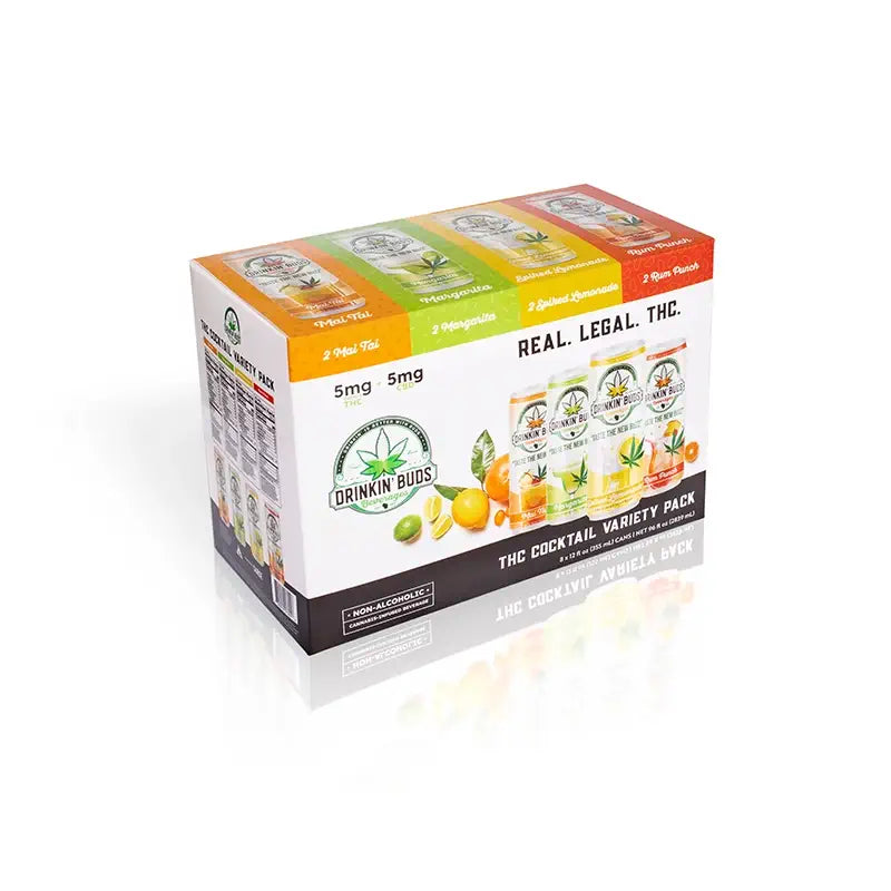 
                      
                        The image features the front of the "Drinkin' Buds Beverages" THC Cocktail Variety Pack, promoting "Real. Legal. THC." The box highlights four flavors: Mai Tai, Margarita, Spiked Lemonade, and Rum Punch, each containing 5 mg of THC and 5 mg of CBD.
                      
                    