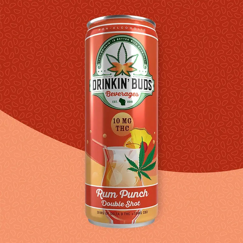 
                      
                        A can of Drinkin' Buds Rum Punch Double Shot with 10 mg THC, set against a red and orange patterned background.
                      
                    